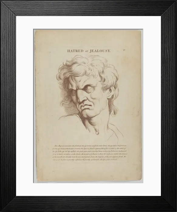 Framed Print : Hatred or Jealousy (from Heads Representing the Various Passions of the Soul; as they are... 1765. Creator: Anon)
