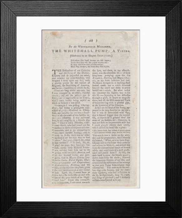 Framed Print : The Whitehall Pump (page from The Westminster Magazine), May 1, 1774. May 1, 1774. Creator: Anon Framed Print : The Whitehall Pump (page from The Westminster Magazine), May 1, 1774. May 1, 1774. Creator: Anon