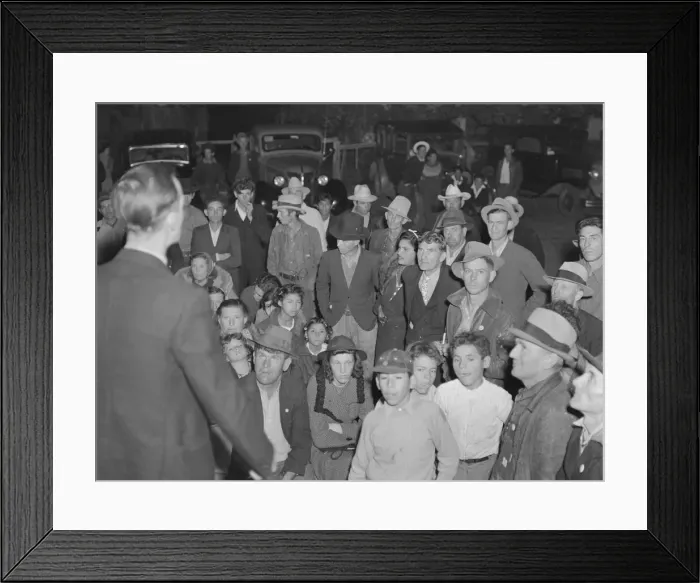 Framed Print : Night street meeting of cotton strikers near end of defeated strike. Kern County, California, 1939. Creator: Dorothea Lange Framed Print : Night street meeting of cotton strikers near end of defeated strike. Kern County, California, 1939. Creator: Dorothea Lange