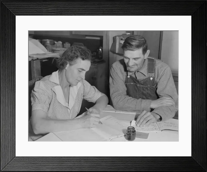 Framed Print : FSA borrowers on new farm keep account of their loan, Dead Ox Flat, Malheur County, Oregon, 1939. Creator: Dorothea Lange Framed Print : FSA borrowers on new farm keep account of their loan, Dead Ox Flat, Malheur County, Oregon, 1939. Creator: Dorothea Lange