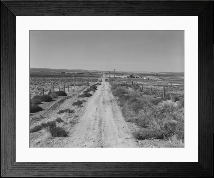 Framed Print : Section of lone road approaching the Schroeder place, Dead Ox Flat, Malheur County, Oregon, 1939. Creator: Dorothea Lange Framed Print : Section of lone road approaching the Schroeder place, Dead Ox Flat, Malheur County, Oregon, 1939. Creator: Dorothea Lange