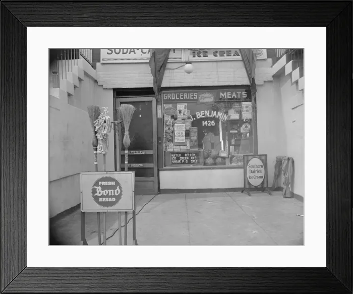 Framed Print : Grocery store across the street from Mrs. Ella Watson... Washington, D.C. 1942. Creator: Gordon Parks Framed Print : Grocery store across the street from Mrs. Ella Watson... Washington, D.C. 1942. Creator: Gordon Parks