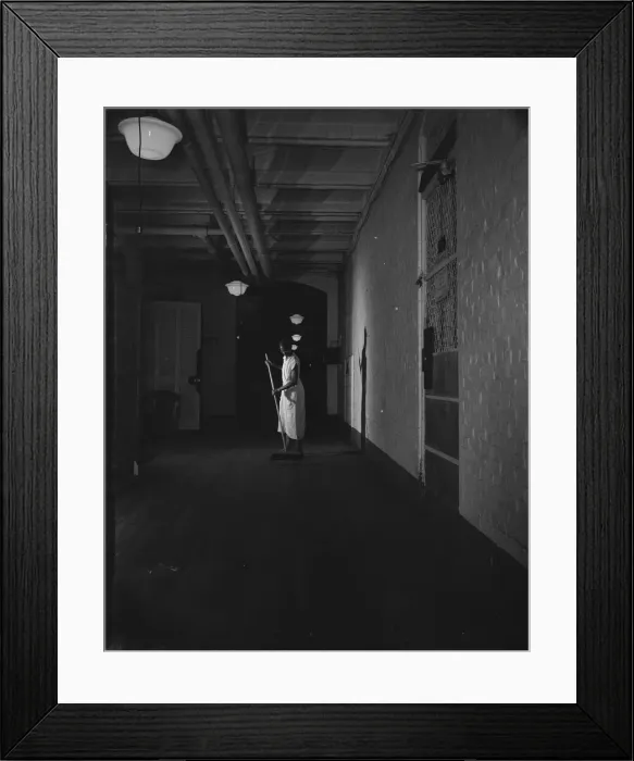 Framed Print : Government charwoman cleaning after regular... Washington, D.C, 1942. Creator: Gordon Parks Framed Print : Government charwoman cleaning after regular... Washington, D.C, 1942. Creator: Gordon Parks