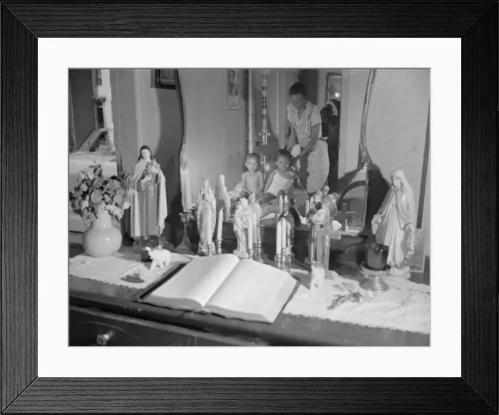 Framed Print : Religious objects and an improved altar in the bedroom... Washington, D.C. 1942. Creator: Gordon Parks Framed Print : Religious objects and an improved altar in the bedroom... Washington, D.C. 1942. Creator: Gordon Parks