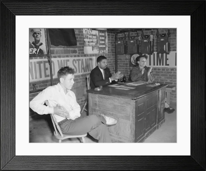 Framed Print : Air raid wardens meeting in zone nine, Southwest area, Washington, D. C, 1942. Creator: Gordon Parks Framed Print : Air raid wardens meeting in zone nine, Southwest area, Washington, D. C, 1942. Creator: Gordon Parks