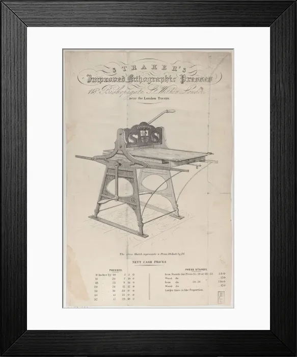 Framed Print : Trade Card for Strakers Improved Lithographic Presses, 19th century. 19th century. Creator: Anon Framed Print : Trade Card for Strakers Improved Lithographic Presses, 19th century. 19th century. Creator: Anon