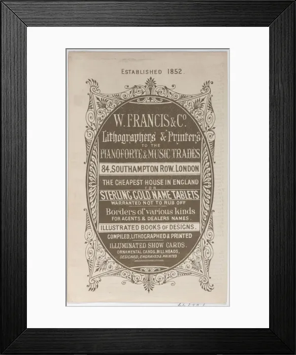 Framed Print : Trade Card for W. Francis & Co. Lithographers and Printers, 19th century. 19th century. Creator: Anon Framed Print : Trade Card for W. Francis & Co. Lithographers and Printers, 19th century. 19th century. Creator: Anon