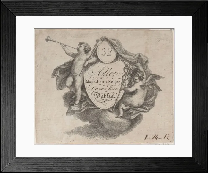 Framed Print : Trade card for William Allen, Map and Print Seller in Dublin, late... late 18th-early 19th century. Creator: Anon Framed Print : Trade card for William Allen, Map and Print Seller in Dublin, late... late 18th-early 19th century. Creator: Anon