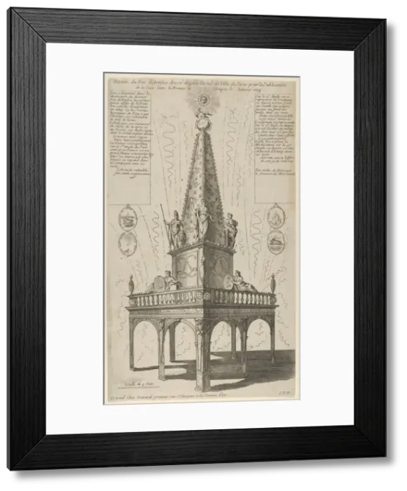 Framed Print : Fireworks celebrating the peace between France and the Empire, January 1698, 1698. 1698. Creator: Anon Framed Print : Fireworks celebrating the peace between France and the Empire, January 1698, 1698. 1698. Creator: Anon
