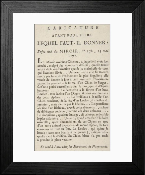 Framed Print : Caricature, Ayant Pour Titre: Lequel Faut-il Donner?, Sujet tiredu Miroir, no. 378, 13 Ma... 1797. Creator: Anon Framed Print : Caricature, Ayant Pour Titre: Lequel Faut-il Donner?, Sujet tiredu Miroir, no. 378, 13 Ma... 1797. Creator: Anon