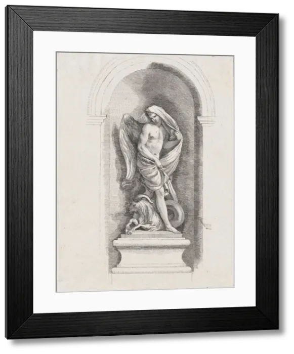 Framed Print : Standing male angel holding drapery and standing over a ram;... possibly mid to late 18th century. Creator: Anon Framed Print : Standing male angel holding drapery and standing over a ram;... possibly mid to late 18th century. Creator: Anon