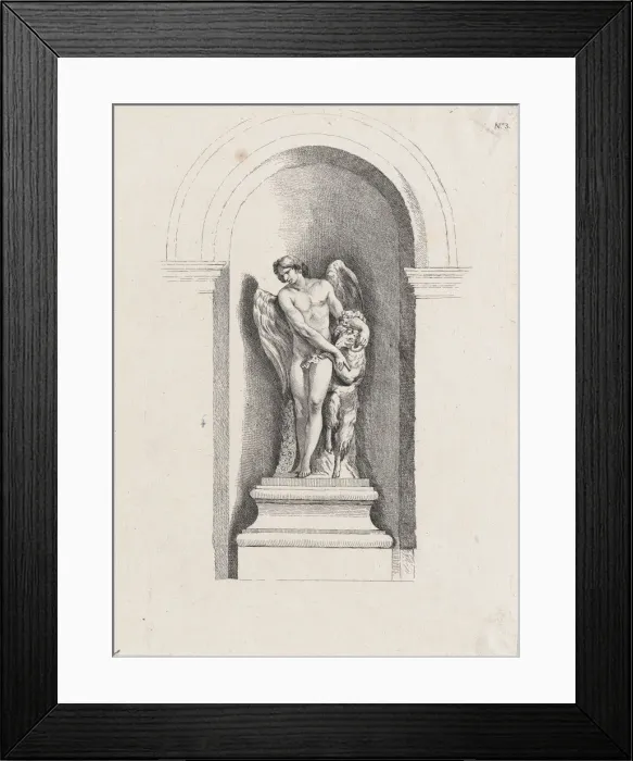 Framed Print : Standing male angel looking down to left and holding a ram; a... possibly mid to late 18th century. Creator: Anon Framed Print : Standing male angel looking down to left and holding a ram; a... possibly mid to late 18th century. Creator: Anon