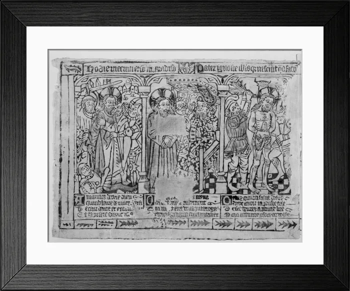 Framed Print : Three Fragments of a Passion Frieze: The Kiss of Judas, Christ before Pilate... probably 1460-69. Creator: Anon Framed Print : Three Fragments of a Passion Frieze: The Kiss of Judas, Christ before Pilate... probably 1460-69. Creator: Anon