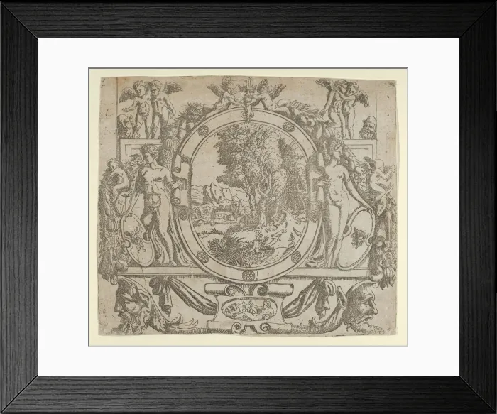 Framed Print : Oval landscape in an ornate frame, ca. 1542-45. ca. 1542-45. Creator: Anon Framed Print : Oval landscape in an ornate frame, ca. 1542-45. ca. 1542-45. Creator: Anon