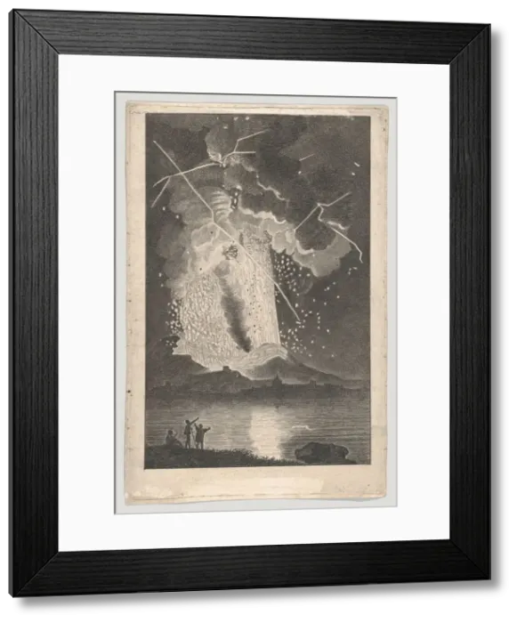 Framed Print : Eruption of a Volcano (Vesuvius) seen from across the Bay, 18th century. 18th century. Creator: Anon