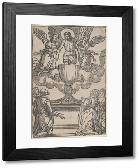 Framed Print : The Triumph of the Eucharist, Christ as the Man of Sorrows supported by two angel... ca. 1550-1600. Creator: Anon Framed Print : The Triumph of the Eucharist, Christ as the Man of Sorrows supported by two angel... ca. 1550-1600. Creator: Anon