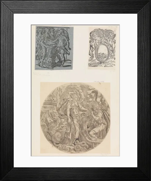 Framed Print : Emblem from a Book with Putti and a Unicorn. Creator: Anon Framed Print : Emblem from a Book with Putti and a Unicorn. Creator: Anon
