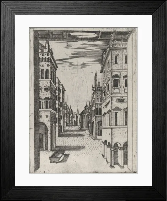 Framed Print : Design for a Stage Set Depicting a Perspectival View of an Ideal Renaissance City... ca. 1550-60. Creator: Anon Framed Print : Design for a Stage Set Depicting a Perspectival View of an Ideal Renaissance City... ca. 1550-60. Creator: Anon