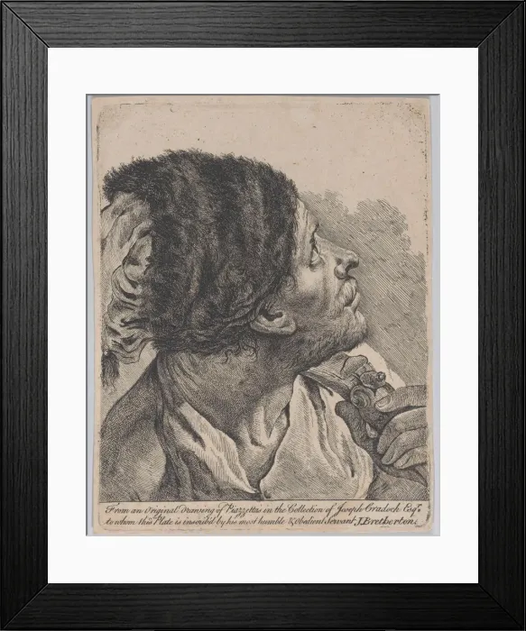Framed Print : Man in a fur hat holding a musket, looking upwards; after Giovanni Battista Piazzetta, 1770-1780. Creator: James Bretherton Framed Print : Man in a fur hat holding a musket, looking upwards; after Giovanni Battista Piazzetta, 1770-1780. Creator: James Bretherton
