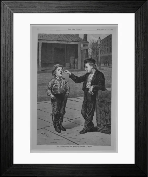 Framed Print : Open Your Mouth and Shut Your Eyes (Harpers Weekly), May 16, 1874. Creator: Unknown Framed Print : Open Your Mouth and Shut Your Eyes (Harpers Weekly), May 16, 1874. Creator: Unknown