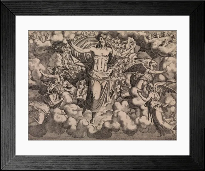 Framed Print : The Apostles Looking at Christ and the Virgin in a Glory of Angels (top right plate), 1546. Creator: Leon Davent Framed Print : The Apostles Looking at Christ and the Virgin in a Glory of Angels (top right plate), 1546. Creator: Leon Davent