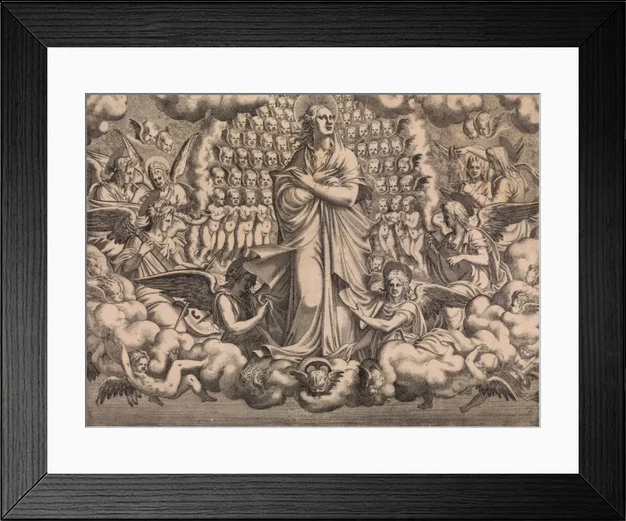 Framed Print : The Apostles looking at Christ and the Virgin in a Glory of Angels (top left plate), 1546. Creator: Leon Davent Framed Print : The Apostles looking at Christ and the Virgin in a Glory of Angels (top left plate), 1546. Creator: Leon Davent