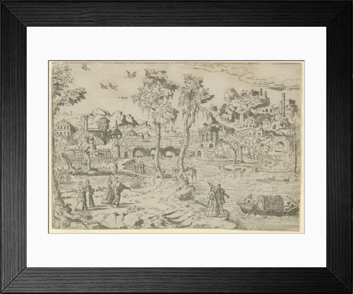 Framed Print : Landscape with ruins, courtiers, and a gondola, 1526-50. Creator: Leon Davent Framed Print : Landscape with ruins, courtiers, and a gondola, 1526-50. Creator: Leon Davent