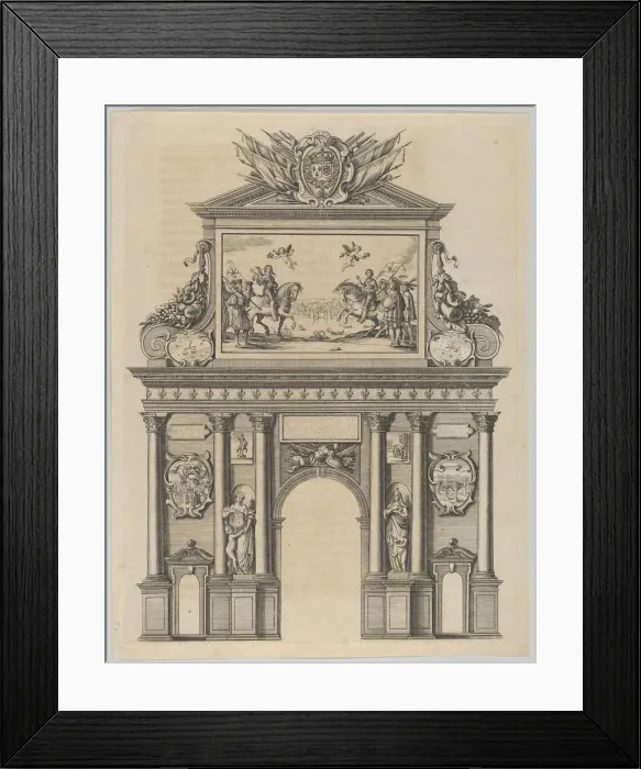Framed Print : Triumphal arch, from Eloges et discours sur la triomphante reception du Roy en sa ville d... 1629. Creator: Melchior Tavernier Framed Print : Triumphal arch, from Eloges et discours sur la triomphante reception du Roy en sa ville d... 1629. Creator: Melchior Tavernier