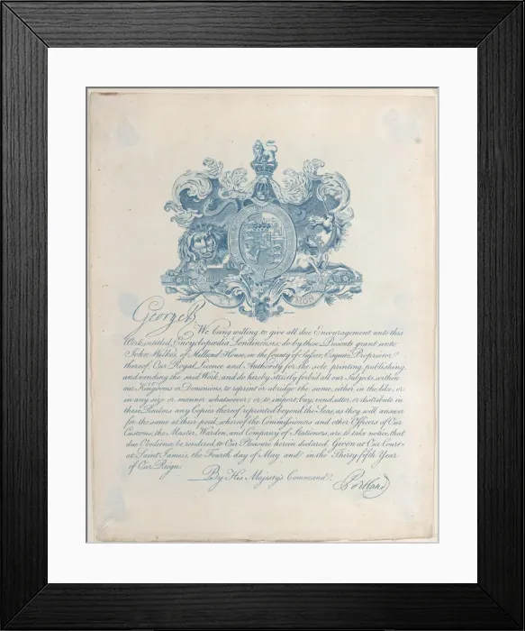 Framed Print : Royal Licence and Copyright for Encyclopaedia Londinesis, 19th century. 19th century. Creator: Anon Framed Print : Royal Licence and Copyright for Encyclopaedia Londinesis, 19th century. 19th century. Creator: Anon