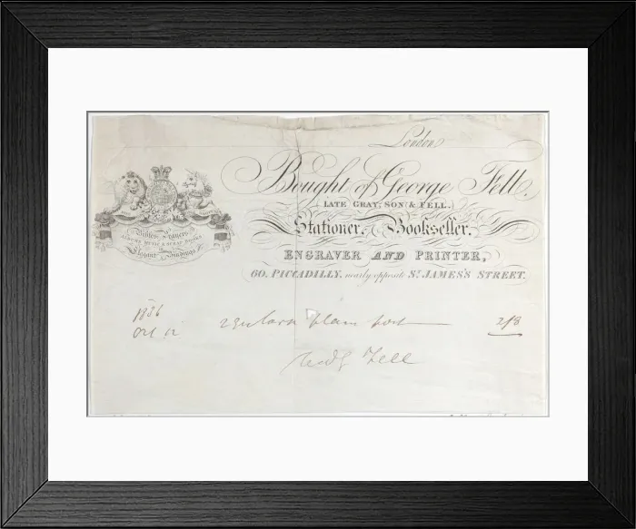 Framed Print : Trade Card for George Fell, Stationer, Bookseller, Engraver and Printer, 19th century. 19th century Creator: Anon Framed Print : Trade Card for George Fell, Stationer, Bookseller, Engraver and Printer, 19th century. 19th century Creator: Anon