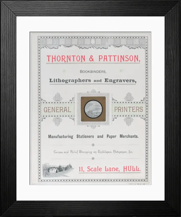 Framed Print : Trade Card for Thorton & Pattinson, Bookbinders, Lithographers and Engravers, 19th... 19th century. Creator: Anon Framed Print : Trade Card for Thorton & Pattinson, Bookbinders, Lithographers and Engravers, 19th... 19th century. Creator: Anon