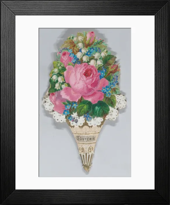 Framed Print : Valentine - Mechanical - elaborate nosegay, fan souvenir, ca. 1875. ca. 1875. Creator: Anon Framed Print : Valentine - Mechanical - elaborate nosegay, fan souvenir, ca. 1875. ca. 1875. Creator: Anon