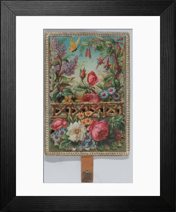Framed Print : Valentine - Mechanical floral scene - a man on a horse offers a woman a rose - symbol... ca. 1875. Creator: Anon Framed Print : Valentine - Mechanical floral scene - a man on a horse offers a woman a rose - symbol... ca. 1875. Creator: Anon