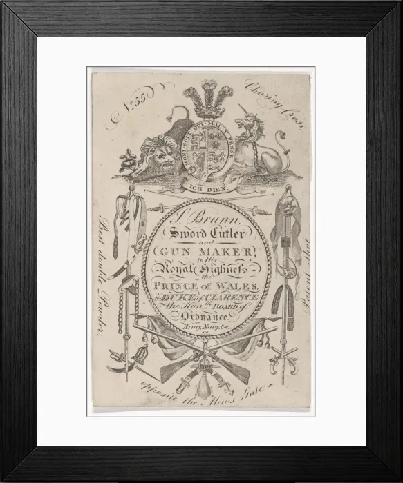 Framed Print : Trade Card of the Gunmaker Samuel Brunn (active 1795-1820), 1797-1803. 1797-1803. Creator: Anon Framed Print : Trade Card of the Gunmaker Samuel Brunn (active 1795-1820), 1797-1803. 1797-1803. Creator: Anon