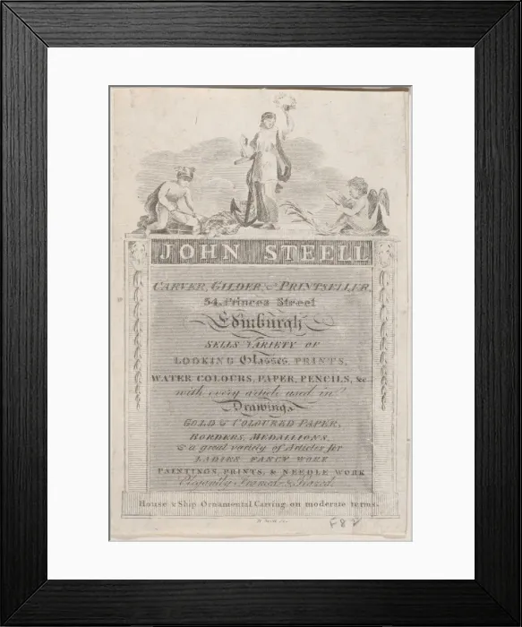 Framed Print : Trade Card for John Steell, Carver, Gilder, and Printseller, 19th century. 19th century. Creator: Anon Framed Print : Trade Card for John Steell, Carver, Gilder, and Printseller, 19th century. 19th century. Creator: Anon