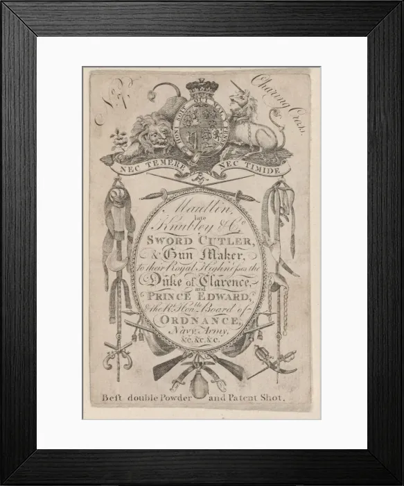 Framed Print : Trade Card Bearing the Name of the Late Gunmaker John Knubley (1750-1795), ca. 17... ca. 1795-1804. Creator: Anon Framed Print : Trade Card Bearing the Name of the Late Gunmaker John Knubley (1750-1795), ca. 17... ca. 1795-1804. Creator: Anon
