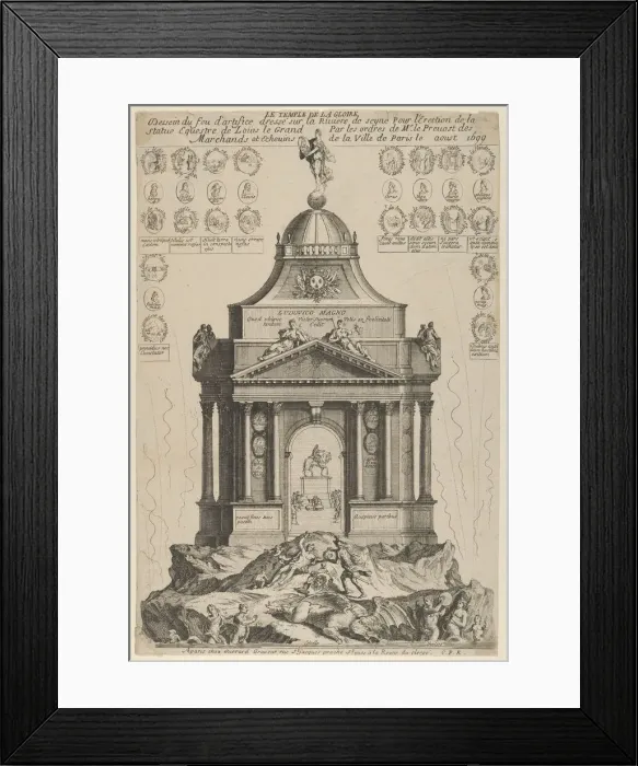 Framed Print : Fireworks celebrating the erection of the Temple of Glory and equestrian statue of Louis l... 1699. Creator: Anon Framed Print : Fireworks celebrating the erection of the Temple of Glory and equestrian statue of Louis l... 1699. Creator: Anon