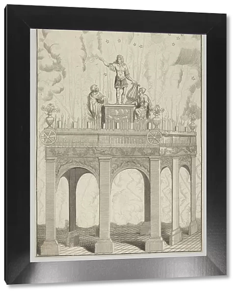 Triumphal arch with sculpture of Louis XIV as Apollo and fireworks in the backgrou... 17th century. Creator: Anon