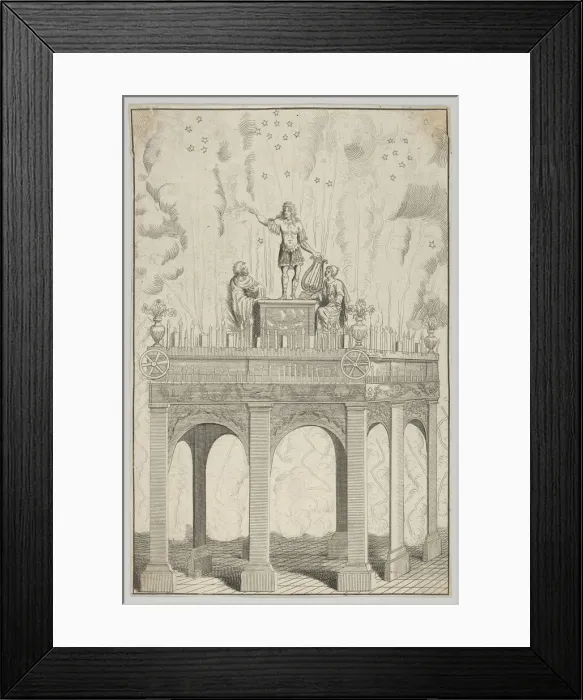 Framed Print : Triumphal arch with sculpture of Louis XIV as Apollo and fireworks in the backgrou... 17th century. Creator: Anon Framed Print : Triumphal arch with sculpture of Louis XIV as Apollo and fireworks in the backgrou... 17th century. Creator: Anon