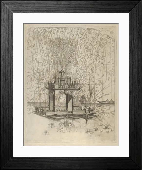 Framed Print : Fireworks display with triumphal arch supported by three pontoons on the water, de... 17th century. Creator: Anon Framed Print : Fireworks display with triumphal arch supported by three pontoons on the water, de... 17th century. Creator: Anon