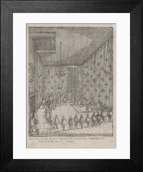 Framed Print : Le Cercle De Leurs Magestes Dans La Chambre De Presence: A: S. Iames; illustration from H... 1639. Creator: Anon Framed Print : Le Cercle De Leurs Magestes Dans La Chambre De Presence: A: S. Iames; illustration from H... 1639. Creator: Anon