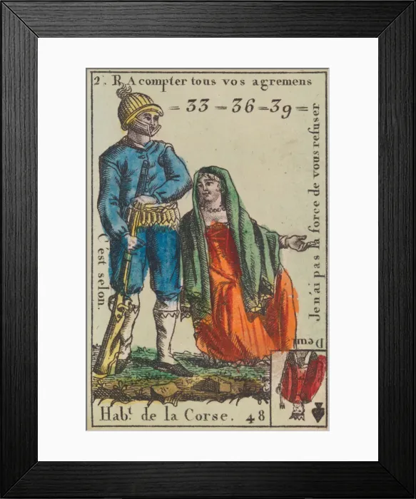 Framed Print : Hab.t de la Corse from Playing Cards (for Quartets) Costumes des Peuples Etrangers... 1700-1799. Creator: Anon Framed Print : Hab.t de la Corse from Playing Cards (for Quartets) Costumes des Peuples Etrangers... 1700-1799. Creator: Anon