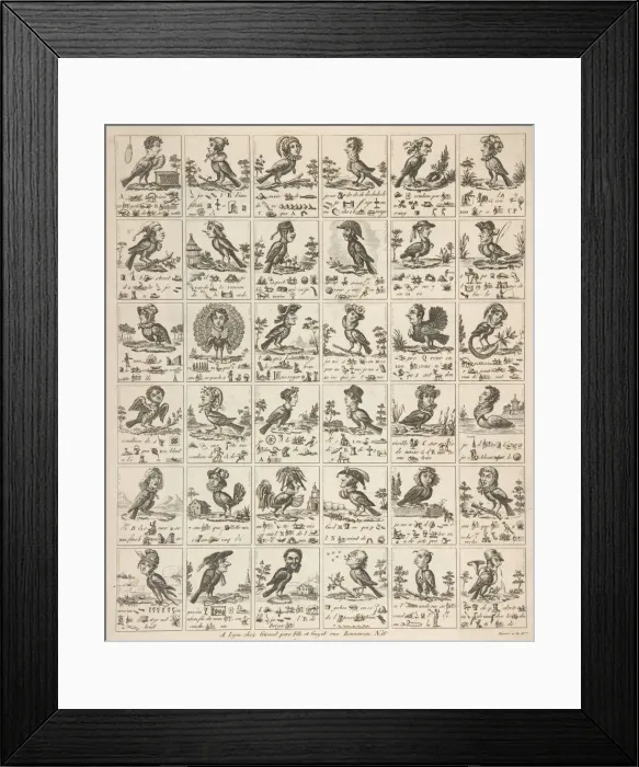 Framed Print : Sheet of Rebuses with Birds with Human Heads, ca. 1834. ca. 1834. Creator: Anon Framed Print : Sheet of Rebuses with Birds with Human Heads, ca. 1834. ca. 1834. Creator: Anon