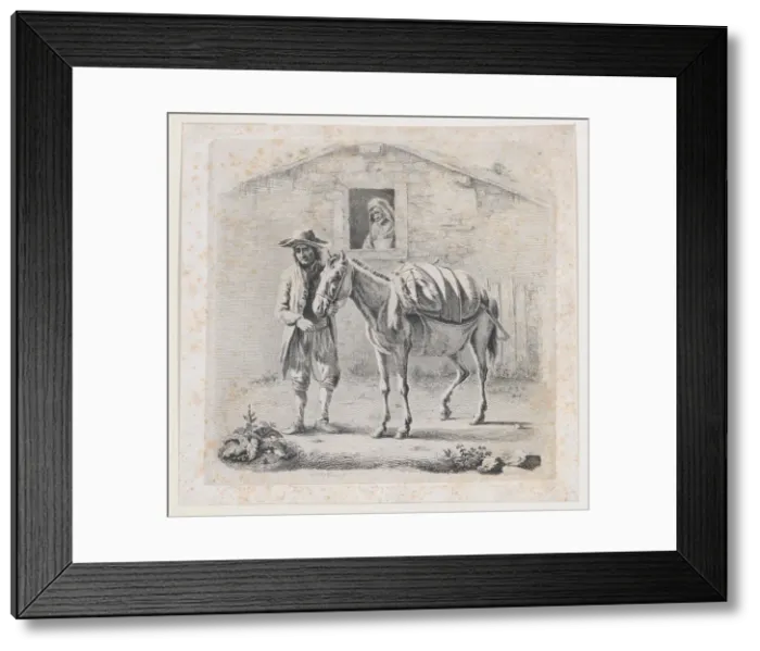 Framed Print : Man Holding a Mule before a House, early 19th century. early 19th century. Creator: Anon