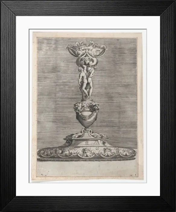 Framed Print : Candlestick with Two Ignudi on Top of a Vase with Lion Heads, 1552. 1552. Creator: Anon