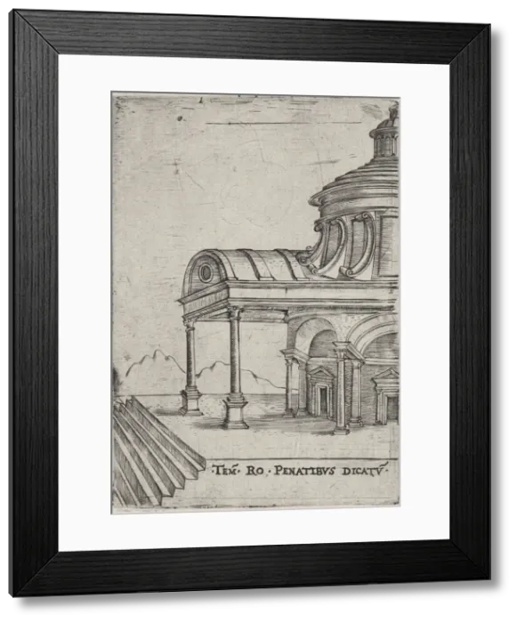 Framed Print : Tem. Ro. Penatibus Dicatu, from a Series of 24 Depicting (Reconstructed) Buil... Plate ca. 1530-50. Creator: Anon Framed Print : Tem. Ro. Penatibus Dicatu, from a Series of 24 Depicting (Reconstructed) Buil... Plate ca. 1530-50. Creator: Anon