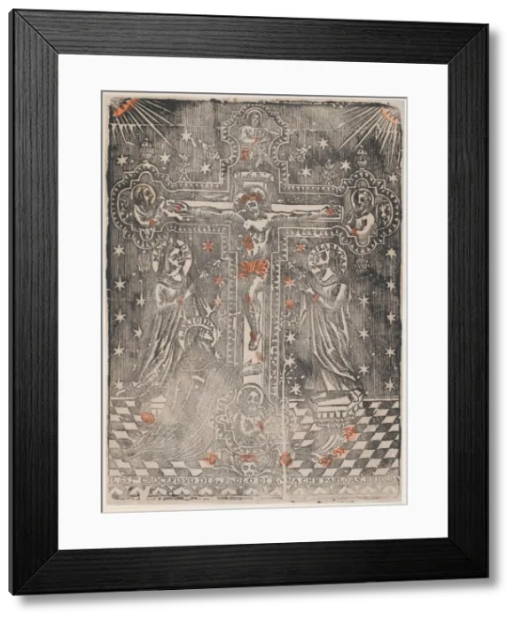 Framed Print : Christ on the cross flanked by the Virgin, Saint Brigit and Saint Eli... ca. 1480-1500 (restrike?). Creator: Anon Framed Print : Christ on the cross flanked by the Virgin, Saint Brigit and Saint Eli... ca. 1480-1500 (restrike?). Creator: Anon