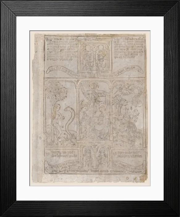 Framed Print : The Annunciation, flanked by Eve and the Serpent and Gideons Fleece, from a Biblia Pa... ca. 1465. Creator: Anon Framed Print : The Annunciation, flanked by Eve and the Serpent and Gideons Fleece, from a Biblia Pa... ca. 1465. Creator: Anon