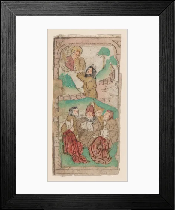 Framed Print : Moses Receiving the Law, illustration from a Biblia Pauperum blockbook, 4th edition, c... ca. 1465. Creator: Anon Framed Print : Moses Receiving the Law, illustration from a Biblia Pauperum blockbook, 4th edition, c... ca. 1465. Creator: Anon