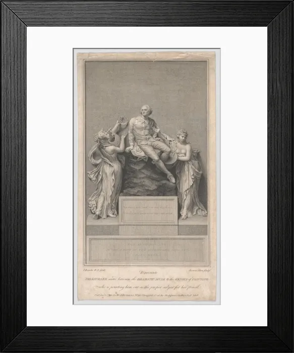 Framed Print : Shakespeare Seated Between the Dramatic Muse and the Genius of Painting, 1797. Creator: James Stow Framed Print : Shakespeare Seated Between the Dramatic Muse and the Genius of Painting, 1797. Creator: James Stow
